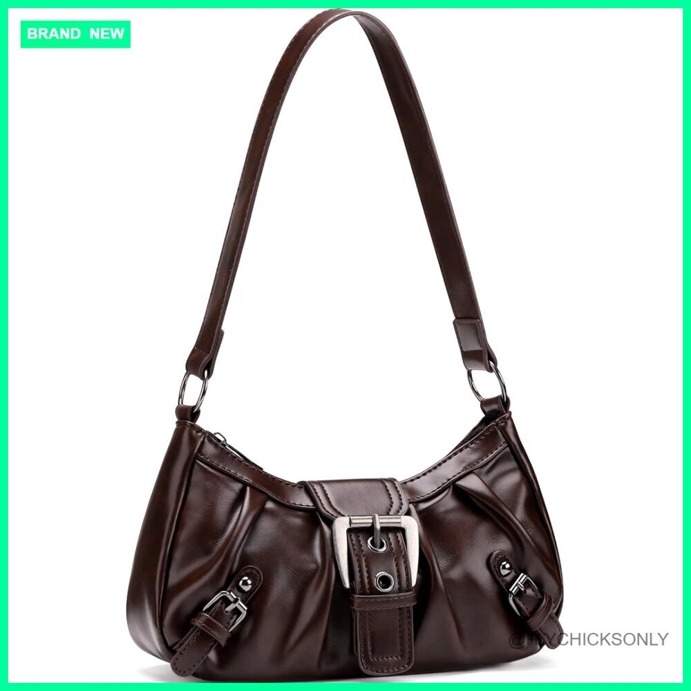 Vegan Leather Hobo Shoulder Bag with Zipper and Buckle Closure